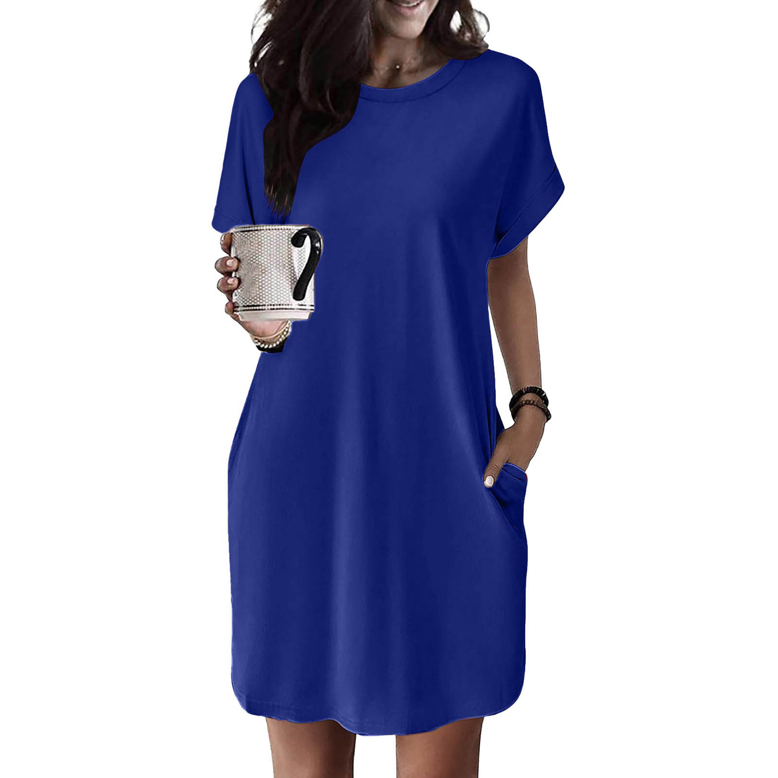 thumbnail image 2 of Vestido camiseta suave de manga corta holgado con bolsillos para mujer - Poliéster spandex, informal de verano - S-XXL, 2 of 7